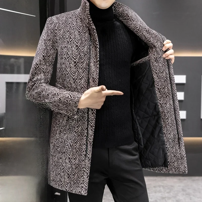 Koreańskie wełniane kurtki średniej długości Mężczyźni Wszechstronny Casual Business Trencz Slim Gruby Ciepły Streetwear Wiatrówka Płaszcz — zdjęcie 2