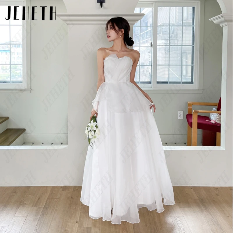 

JEHETH Chiffon Strapless Korea Wedding Dresses Women Simple Pleat Bridal Gown Elegant Backless 웨딩드레스 Sleeveless A-Line Customize