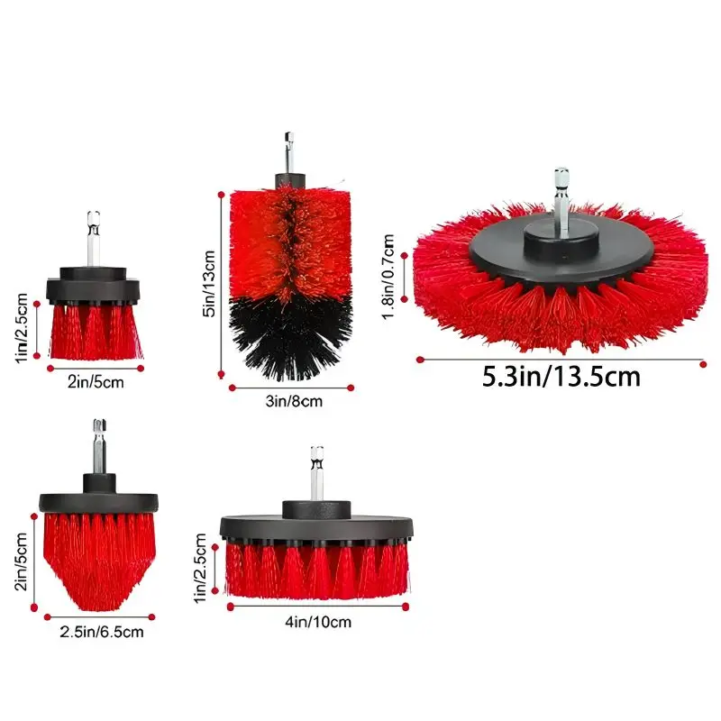 5pcs Red Drill Brush Electric Brush Set Kit Car Soft Brush Drill Kit Bathroom Kitchen Car Care Cleaning Tools