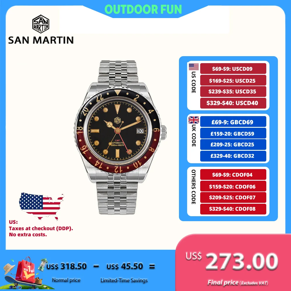 

San Martin Retro 40mm Bidirectional Sapphire Crystal Bezel Men NH34 GMT Diver's Watch 20Bar C3 Green Luminous SN0005B-3