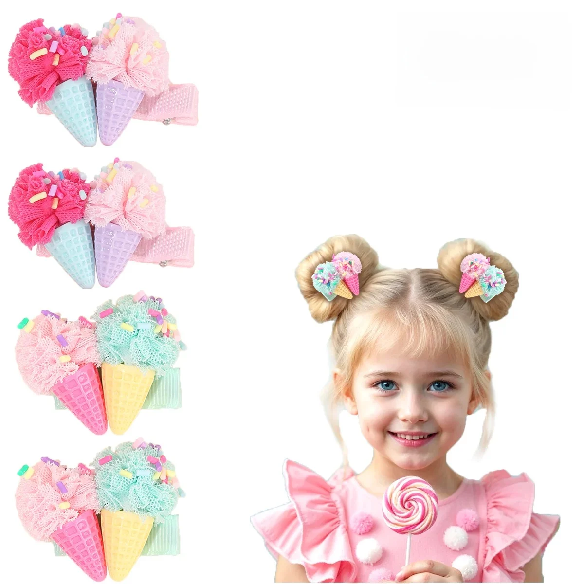 Pinces à cheveux en forme de cône de crème glacée, 2 pièces, épingles à cheveux simulées rose doux pour bébés filles et enfants, accessoires de coiffure mignons