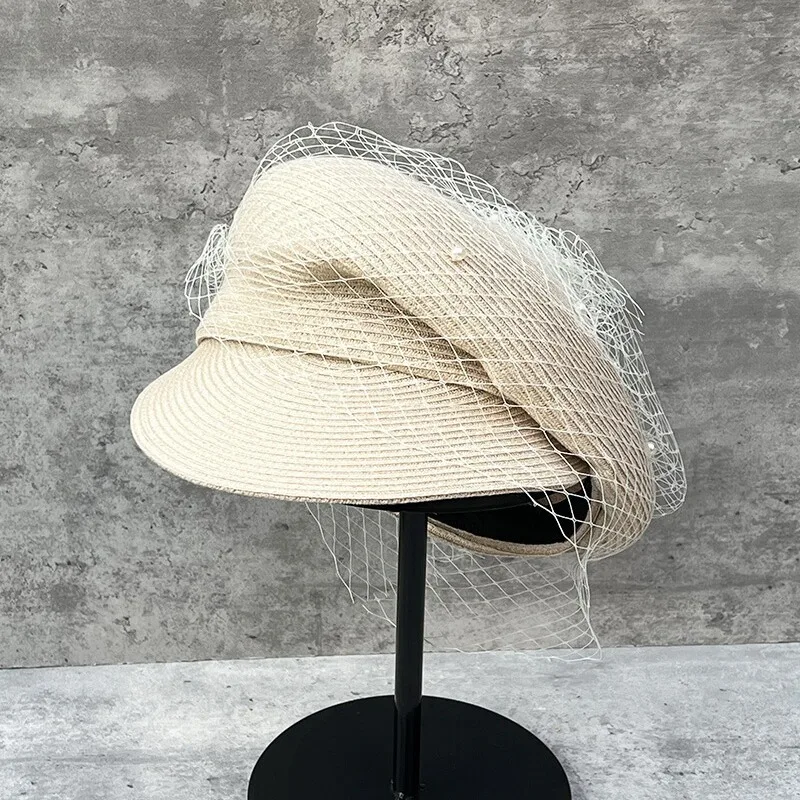 New Women Summer Hats Newsboy Cap Ladies Fansinator Pearls Veil Straw Hat Sloping Brim Visor Cap Cabbie Beret Girls Paperboy Cap