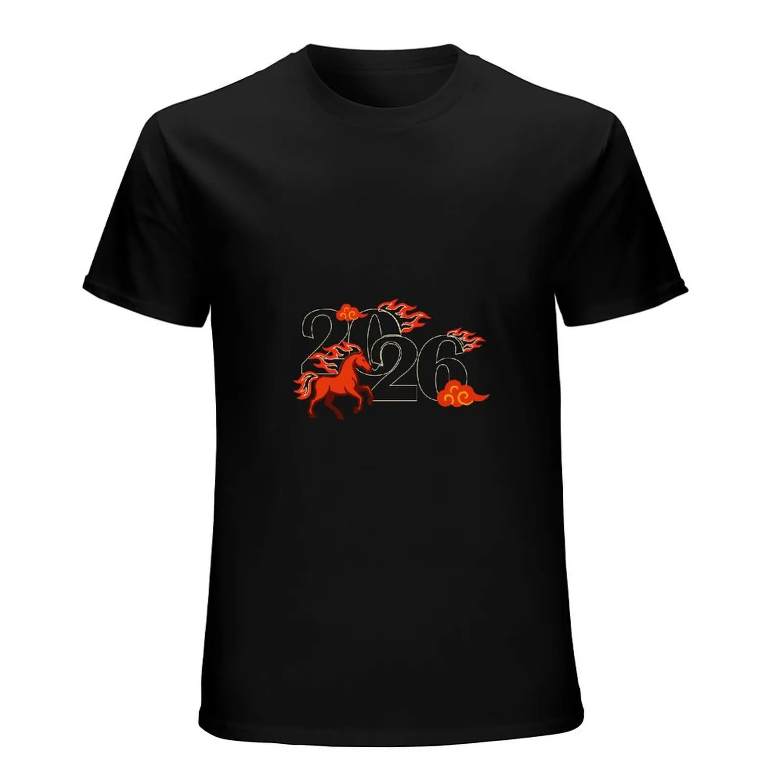 National Style Running Horse Cloud Flame 2026 Graphic Black Basic Daily Cotton Tshirt