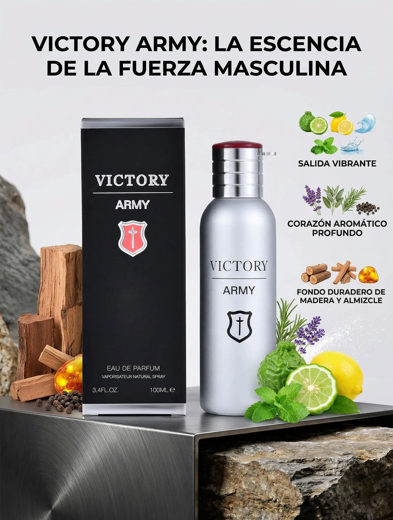 Victory Army Eau De Parfum 100ml Perfume Hombre Aroma Amaderado Fresco con Menta y Ámbar Loción Caballero Larga Duración Esencia Masculina Elegante Regalo Moderno Botella Metálica Diseño Industrial Fragancia Varonil