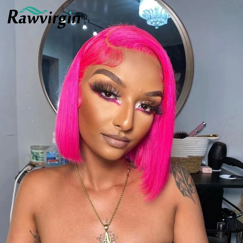 200% 13x4 Hot Pink Short Bob Wig Raw Lace Front Human Hair Wigs 613 Colored Virgin Human Hair Silky Straight Transparent Lace