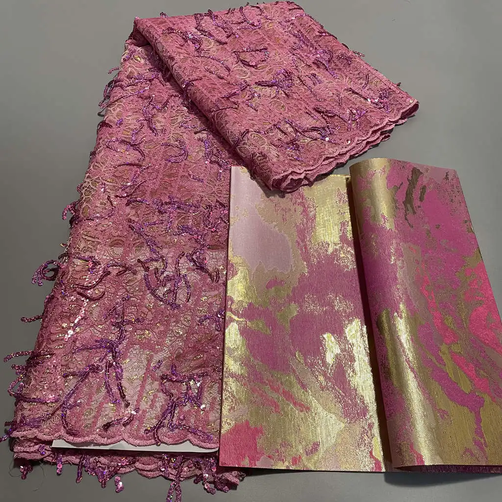Luxury Nigerian Sequins Pink Lace Fabric High Quality African Guipure French Lace Material 5Yards With 3D Sego Headtie Wrap 2PCS