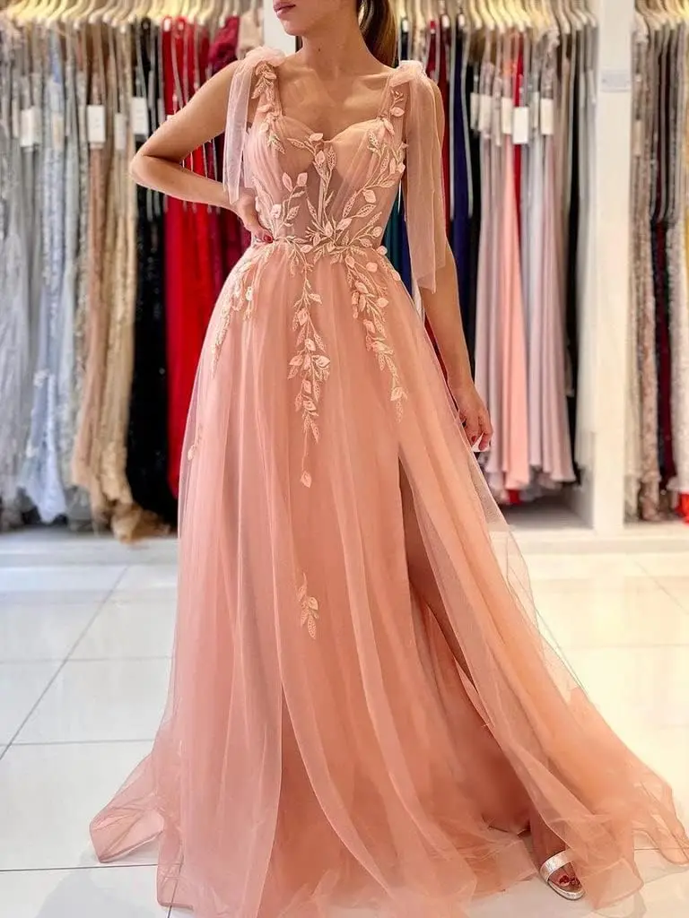 

Spaghetti Straps Appliques Tulle Prom Dresses Ball Gown for Women Sweetheart Princess Evening Gowns with Slit vestidos de novia