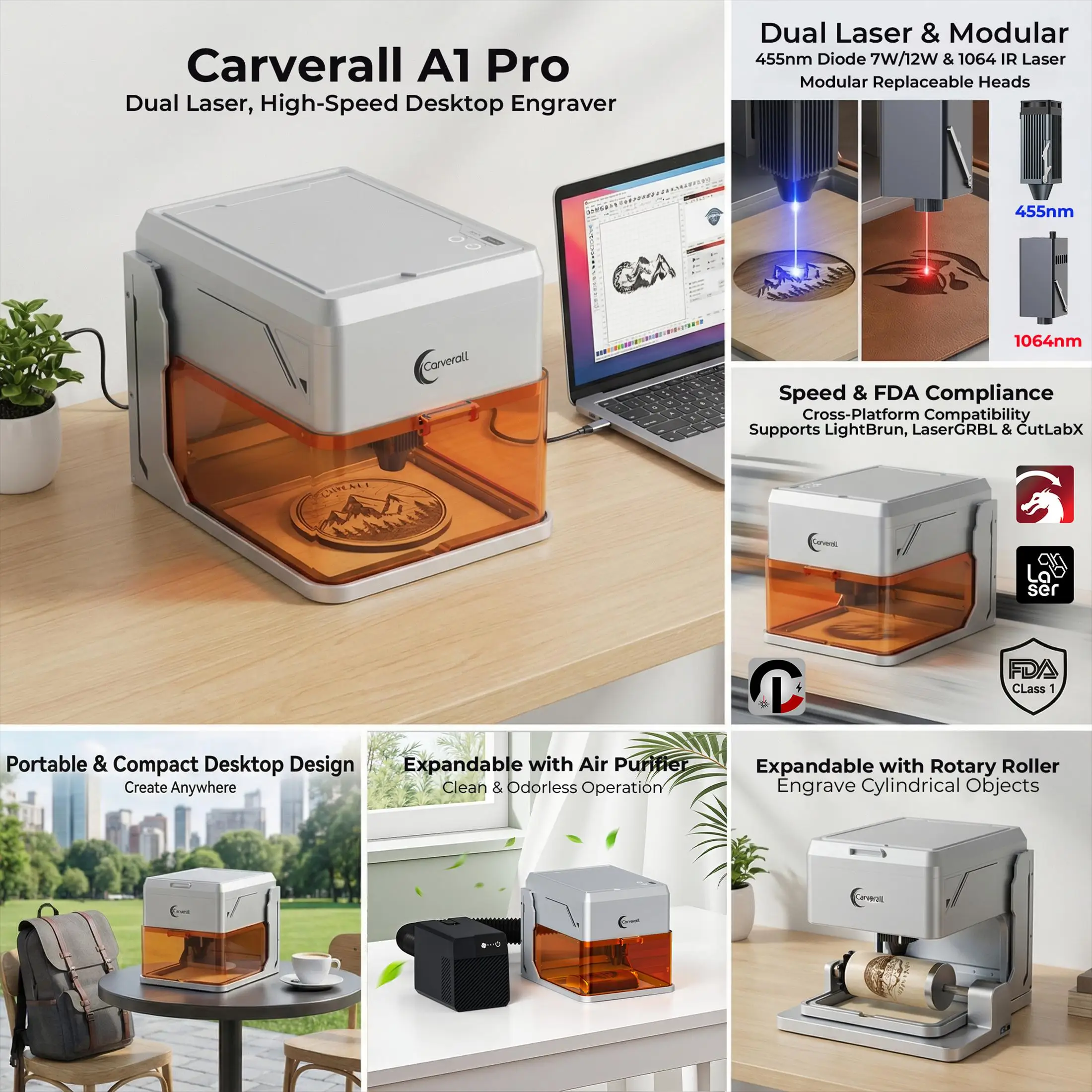 Carverall A1Pro Diode & Infrared Laser Engraver 7W 12W Power Compact Size for DIY Engraving Cutting Machine Tools with Camera