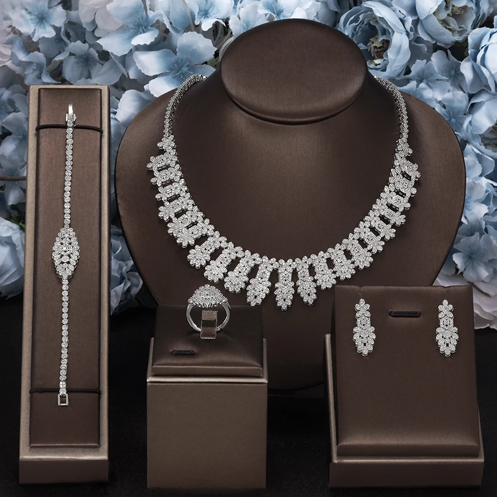 

2024 модный роскошный комплект свадебных украшений из 4 предметов CZ Qatar, женские свадебные комплекты ожерелья и сережек