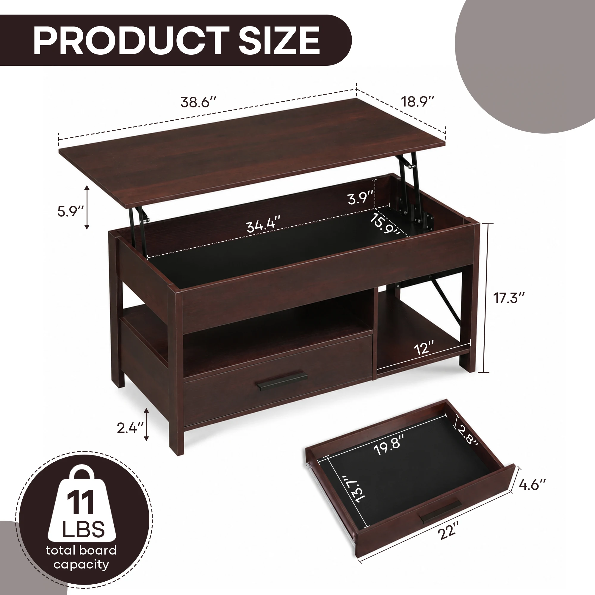 Mesa de centro con tapa elevable para sala de estar/comedor/oficina, color marrón |   Mesa de Centro de Madera Estilo Moderno Rústico