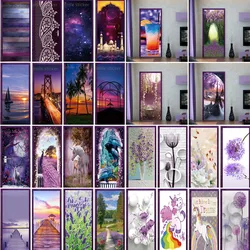 3D Removable Purple Landscape Door Sticker Vinyl Decal Adhesive Unicorn Bouquet 3D Wallpaper For Bar Living Room Home Door Decor