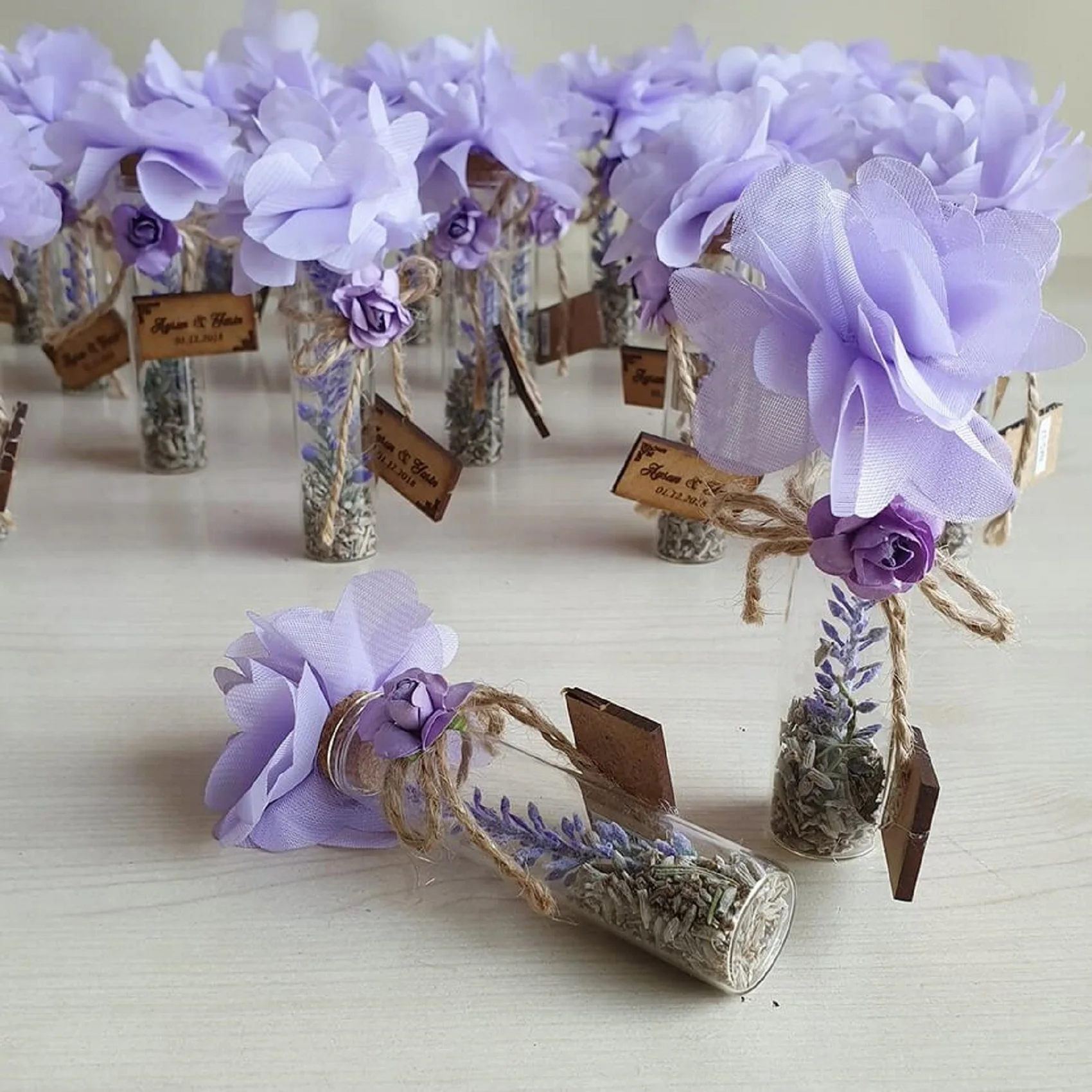 

50 Set of Mini Lavender Bottles with Cork Stoppers & Personalized Name Tag as Wedding Favors