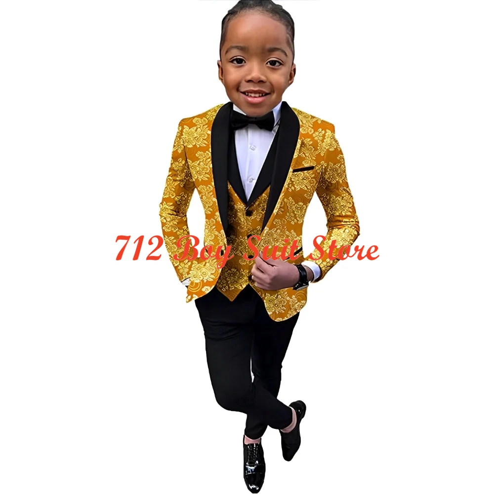 New Fashion Boys Suit Wedding Tuxedo 3-Piece Set Floral Jacket Pants Vest Bow Tie Kids Fashion Slim-fit Blazer