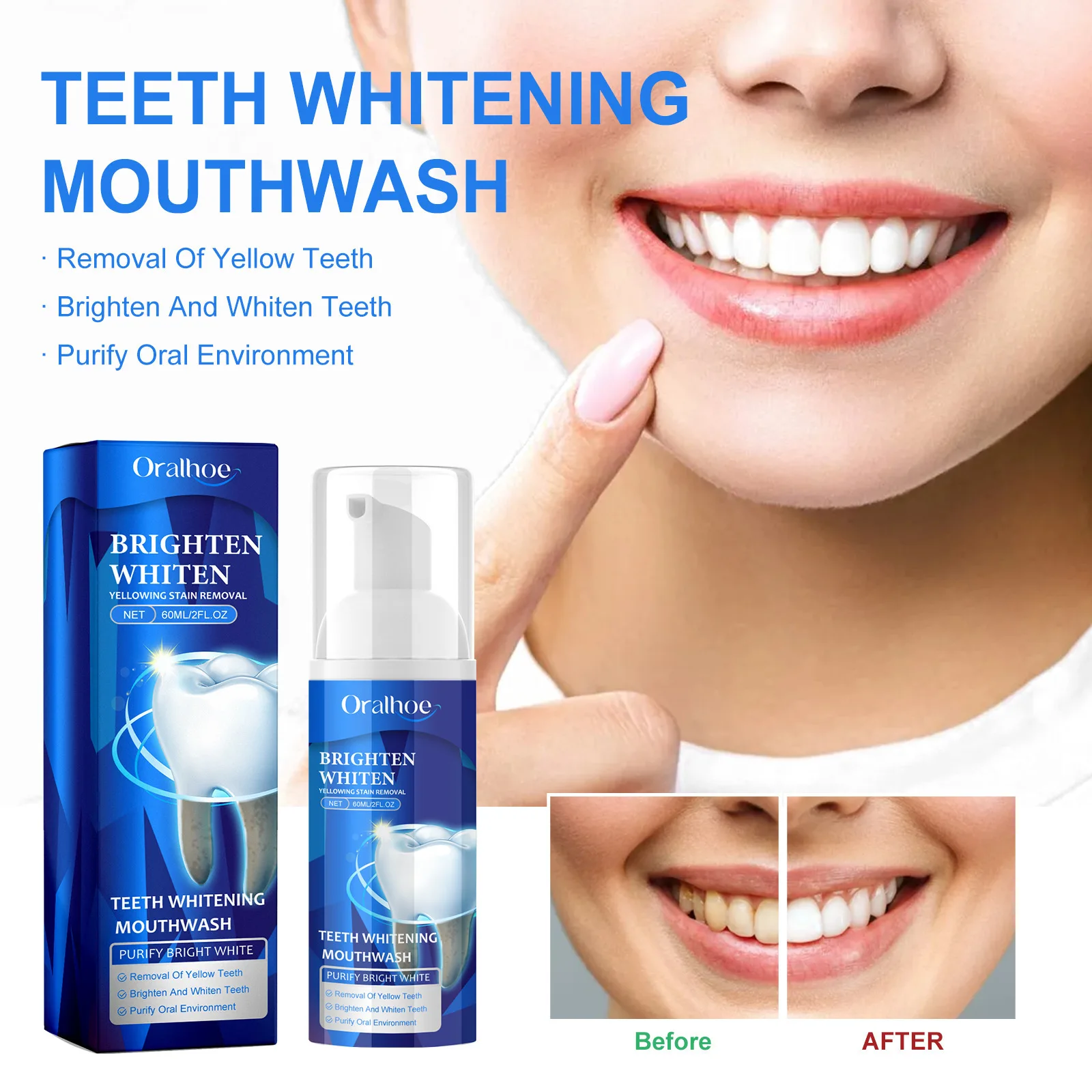 Oralhoe 60ml Teeth Whitening Mouthwash Mousse Brighten Repair Gum Stains Reduce Yellowing Teeth Fresh Breath Oral Care Mouthwash