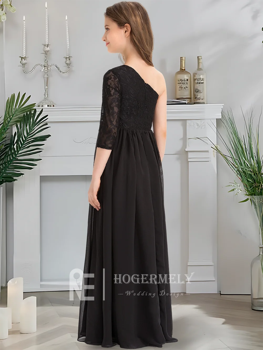 

C Kids Child A-Line One Shoulder Chiffon Lace Junior Bridesmaid Dress Sapphire Flower Girl Dress Floor-Length Wedding Party Gown