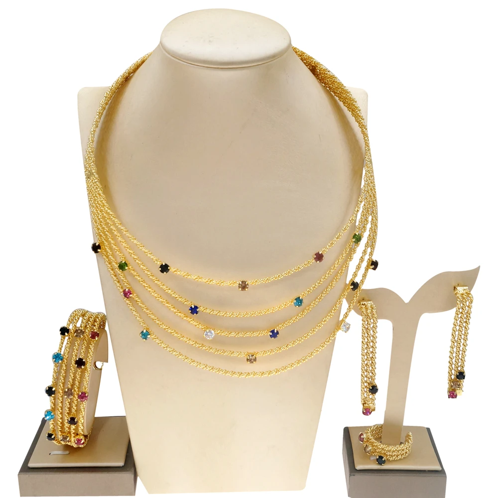 Women Jewelry Set Brazil Gold Plated Colorful Rhinestone Necklace Earrings Bracelet Cutout Design Wedding Banquet Jewelry