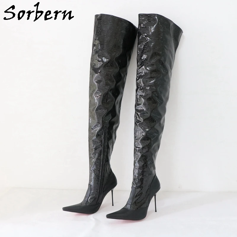 Sorbern Customized Itlay Mid Thigh High Boots Women Long Pointed Toe Metal Stilettos Heels Crotch Unisex Boots For Drag Queen