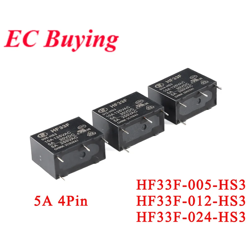 2pcs Power Relays HF33F DC 5V 12V 24V 5A HF33F-005-HS3 HF33F-012-HS3 HF33F-024-HS3 5VDC 12VDC 24VDC 4Pin Normally Open Relais