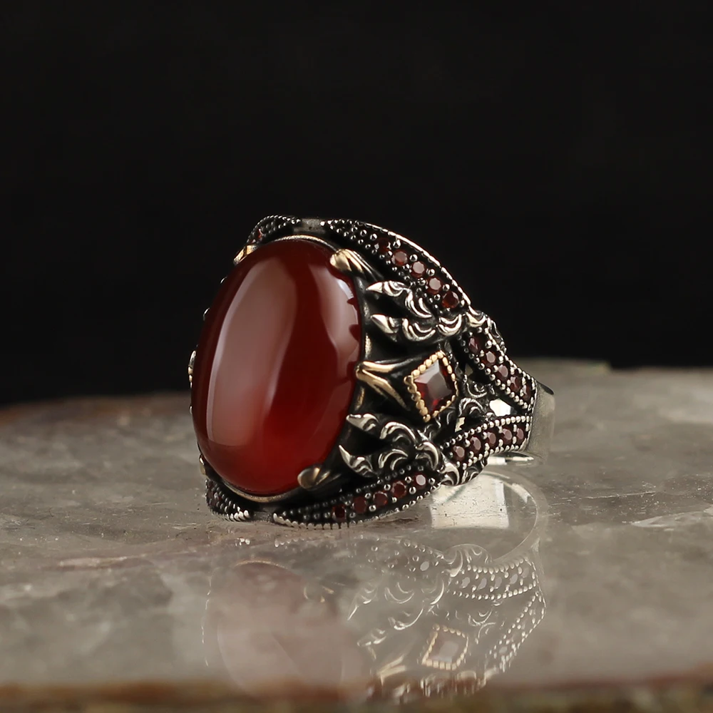 

Original Red Agate Stone 925 Sterling Silver Ring with stones on sides 14gr Men's jewelry high quality gifts fast shipping