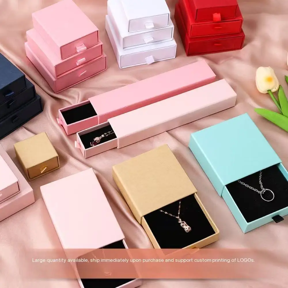 

Eco Friendly Cheap Small Custom logo Pull Out Drawer Jewelry Paper Gift Rings Earrings Necklace Box Packaging With Foam Tray