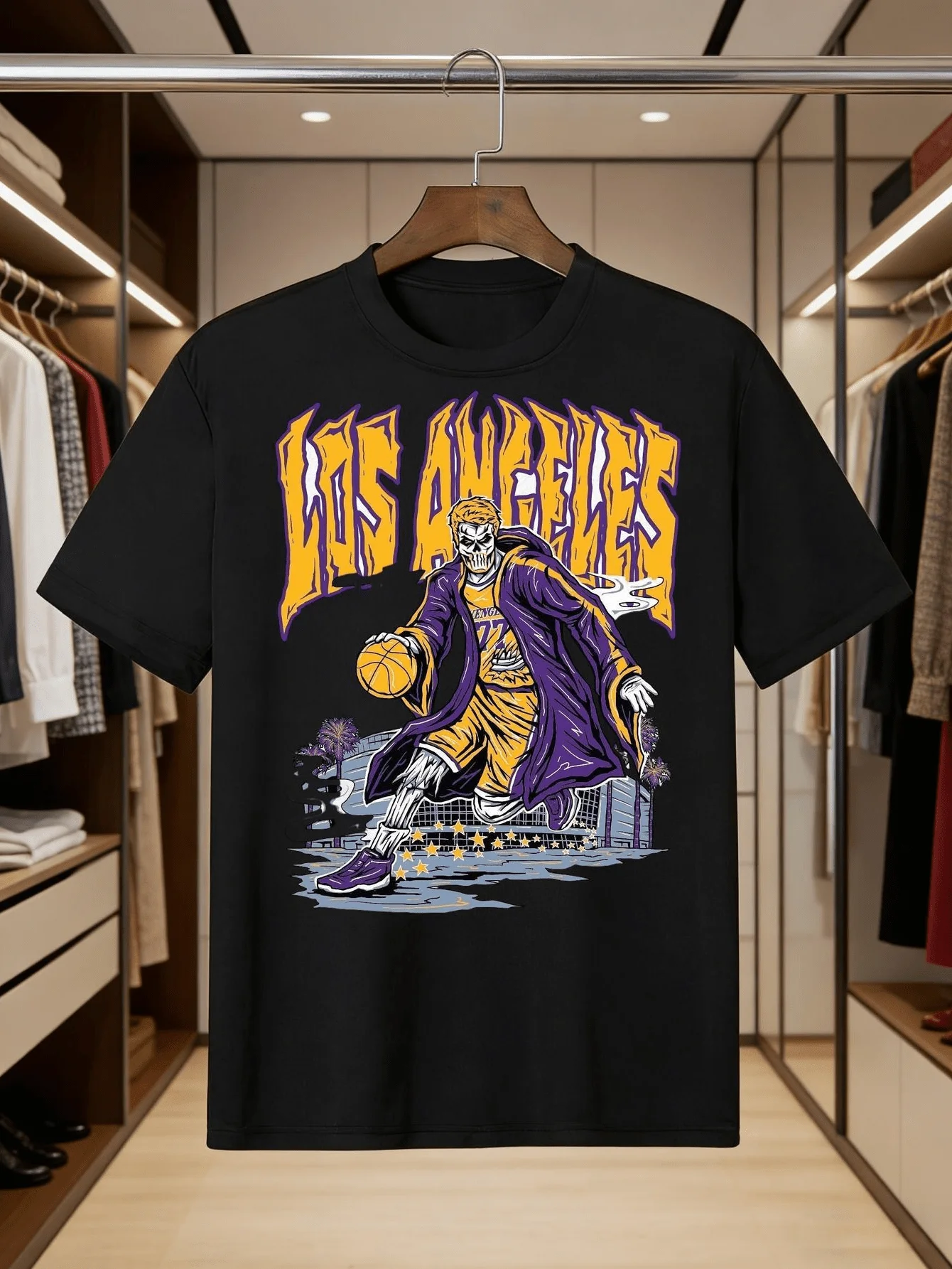 Men's Los Angeles Basketball T-Shirt with Dynamic Skeleton Player Design - Retro Print Streetwear, Soft Round Neck Tee Suitable for All-Season Casual Wear, Machine Washable Daily Outfit Essential for Fans & Affordable Style