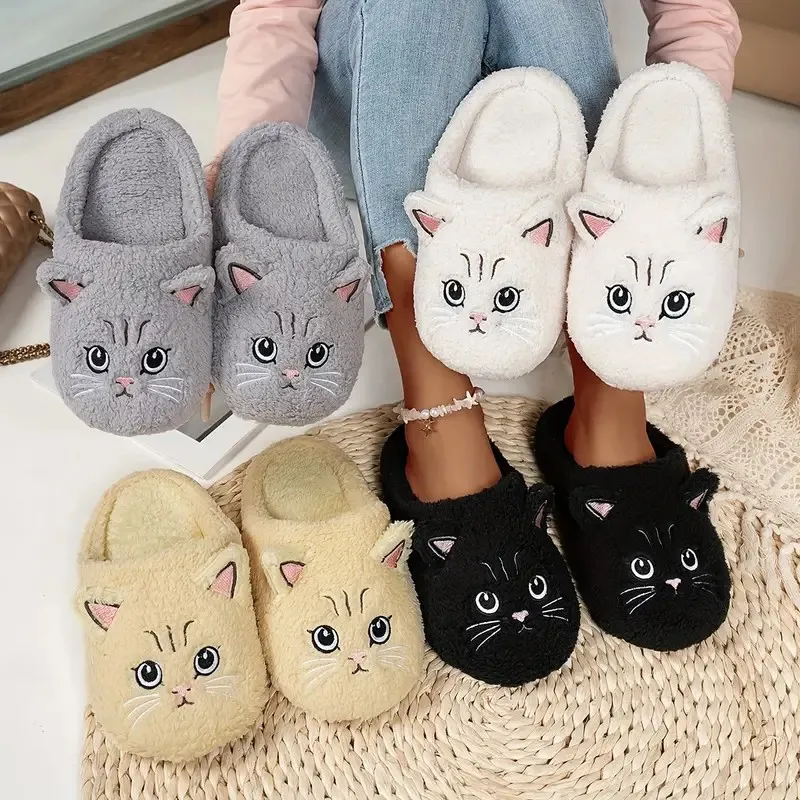 Pantuflas de felpa para mujer con diseño de gato - Tela de felpa suave, cómodas pantuflas de interior para primavera y otoño, pantuflas de casa con diseño de gatito, pantuflas lindas, calzado casual, calzado divertido, forro cómodo, calzado cómodo, ropa casual.