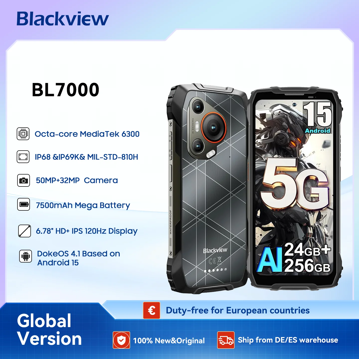 Blackview BL7000 AI 5G Téléphone robuste Android 15, MTK 6300, 6,78" FHD+ 120 Hz, 7500 mAh/33 W, smartphone robuste double SIM NFC/IP69K