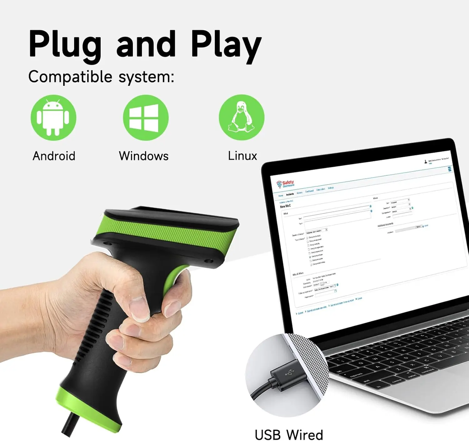 SC2380 Escáner de código de barras con cable USB 2D, escáner de código QR automático Plug&Play, para sistemas Windows, Linux y Android