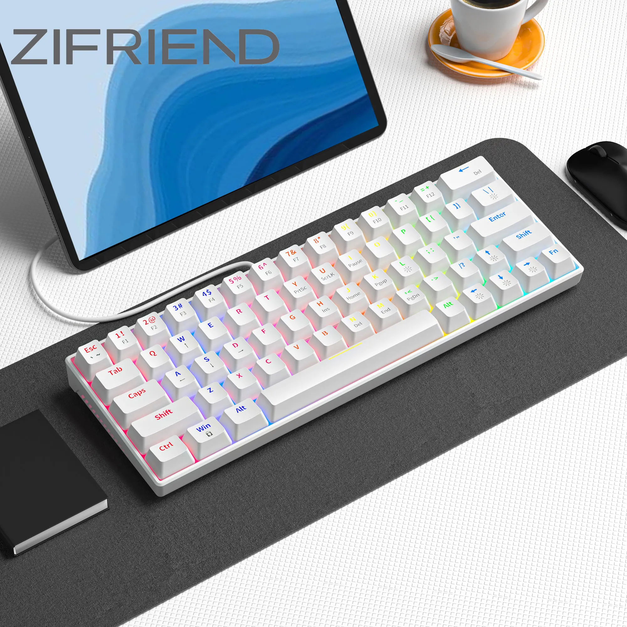 ZIFRIEND KA646 Wired Type-c Mechanical Keyboard 10 RGB Lighting Effects Hot Swappable 63 Keys White Gaming Keyboard