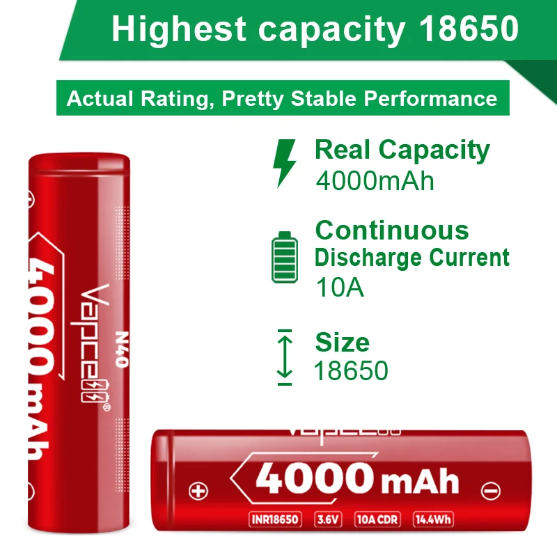 100% Original vapcell 18650 Battery 4000mah 10a N40 with pcb 3.7v Rechargeable Batteries For For Flashlight Torch