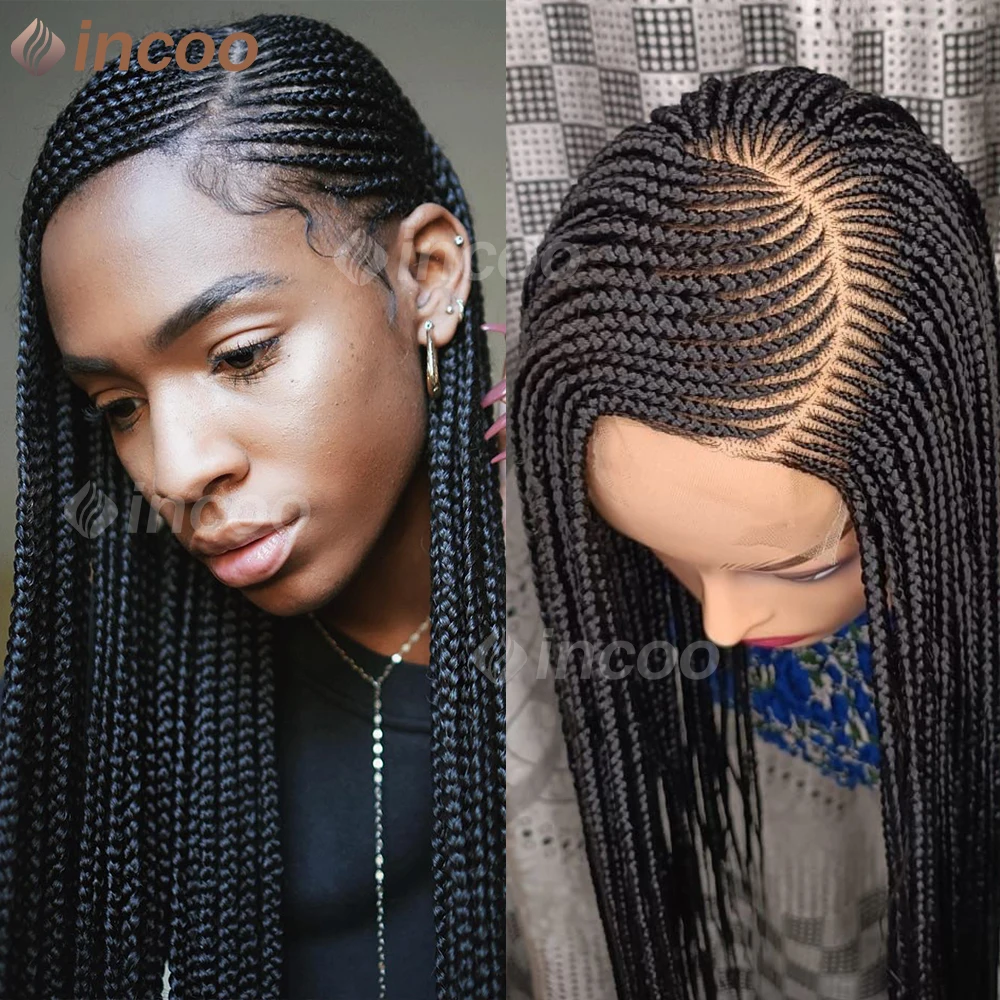 

36" Side Part Cornrows Braided Wigs Synthetic Full Lace Front Wig For Black Women Godness Faux Locs Knotless Box Braids Lace Wig