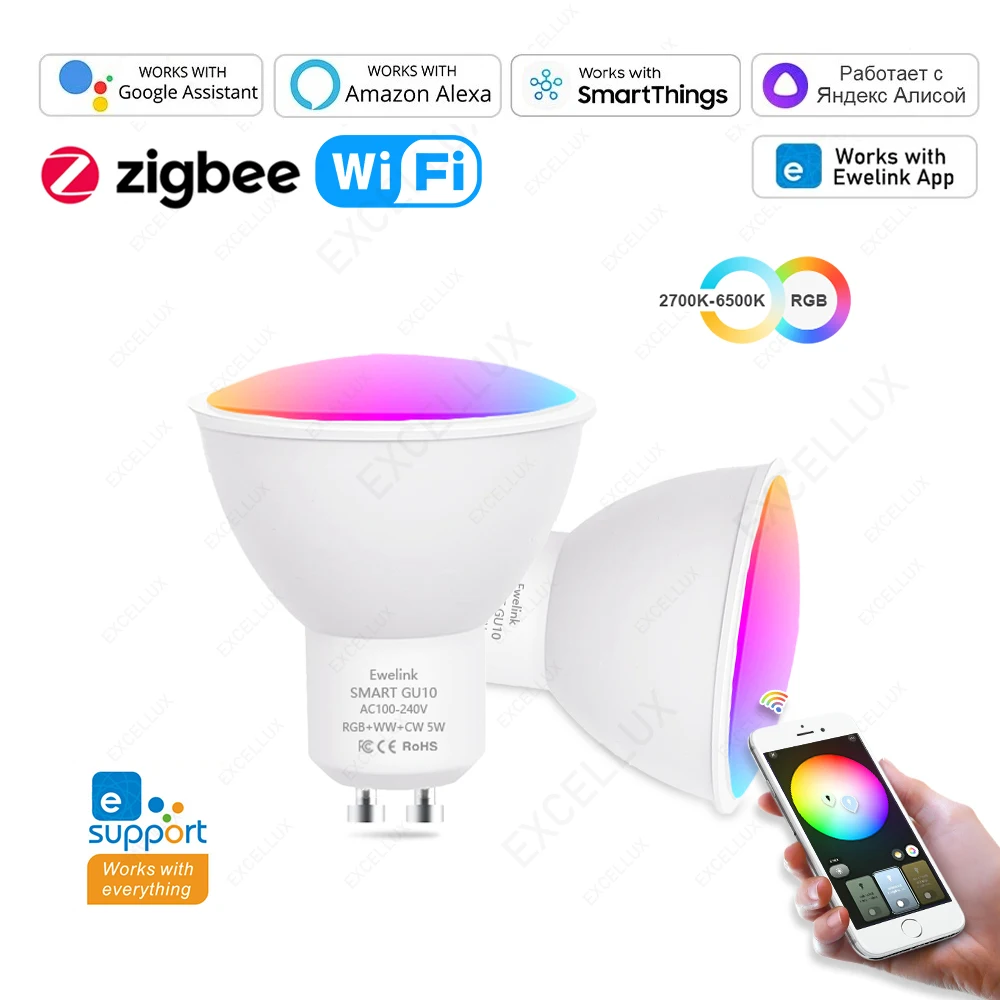 Żarówki LED ZigBee GU10 WiFi Smart RGB W+C 5W Ściemnialne Sterowanie Aplikacją Reflektor Współpracuje z Alexa Google Alice Hub