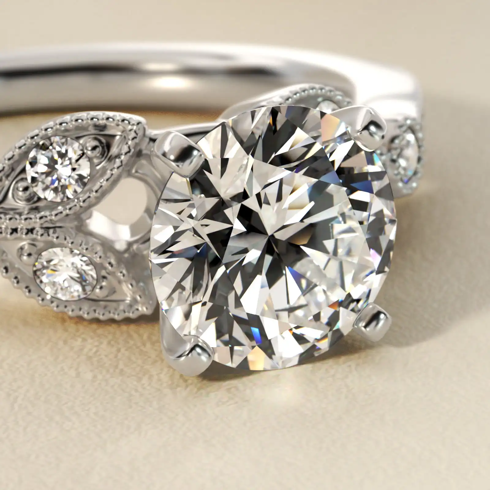 Petite Vintage Pave Leaf Lab Grown Diamond Ring Real Gold Lab Diamond Engagement Ring IGI-Certified Lab Diamond Ring for Wedding