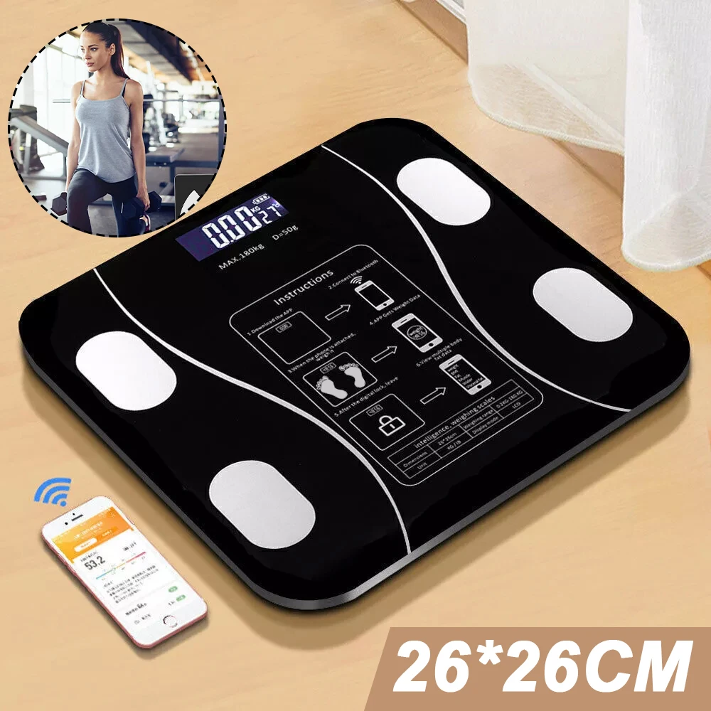 Báscula Inteligente con Bluetooth y App, 180 kg, Analizador Digital de Grasa Corporal, Plataforma de Vidrio Templado, Diseño de Bordes Redondeados para Mayor Seguridad