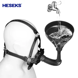 HESEKS BDSM Toilet Funnel Open Mouth Gag Mask Hood PU Leather Funnel Oral Enema Drool Plug Gag Head Harness Bondage Adult Game