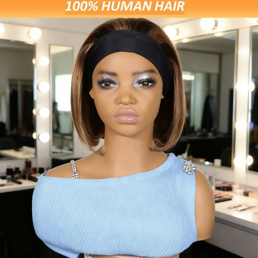 Short Bob Straight Headband Wigs 150% Density Brazilian Remy 100% Human Hair Wig Color 4P27 Bob Short Cut Headband Wig for Women