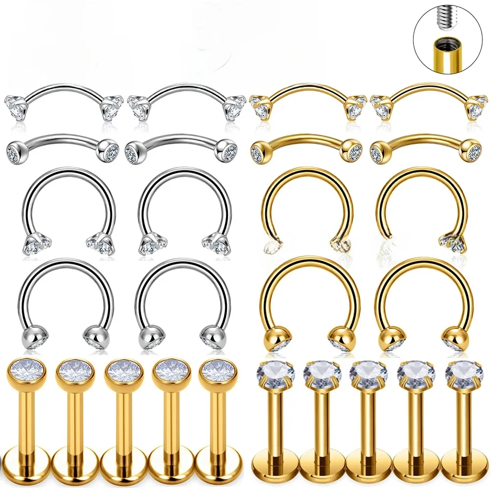 5/50PCS G23 Titanium Labret Lip Ring Interne Draad Septum Neusringen CZ 16G Stud Oorbellen Tragus Wenkbrauw Piercing Lichaam sieraden - afbeelding 2