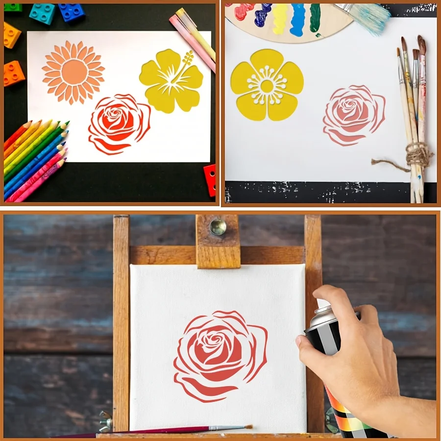 مجموعة استنسل زهور مكونة من 4 قطع - الكركديه وعباد الشمس والورد والنقان الشقري، مقاس 5.9 × 5.9 بوصة لديكور المنزل والحرف اليدوية والأثاث