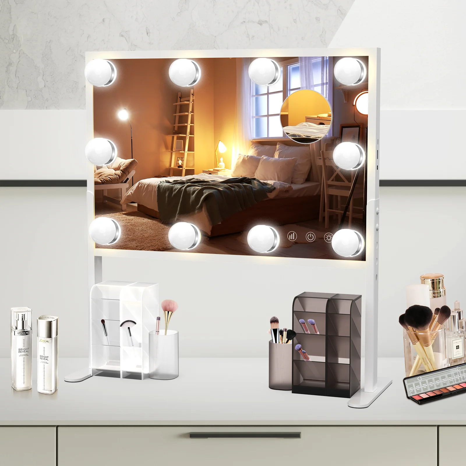 BESTOPE PRO Espejo de tocador con luces, 23,6'' x 22,4'' Espejo de maquillaje Hollywood de altura ajustable con 3 modos de color, lupa 10X