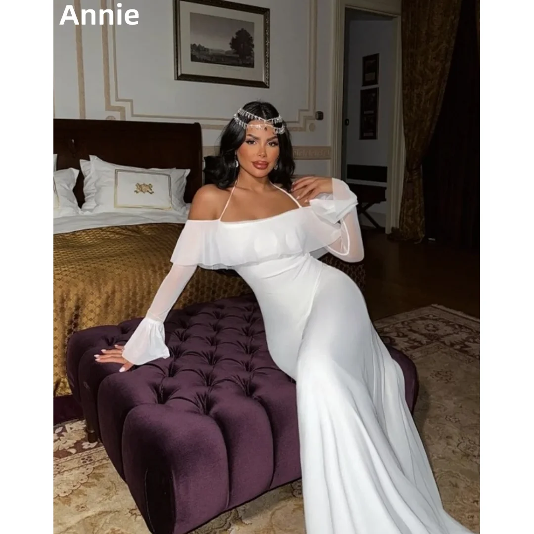 

Annie Ruffled Halter Neck Prom Dresses White Off-shoulder Long Sleeves Evening Dresses Elegant Lady Party Dresses فساتين سهرة