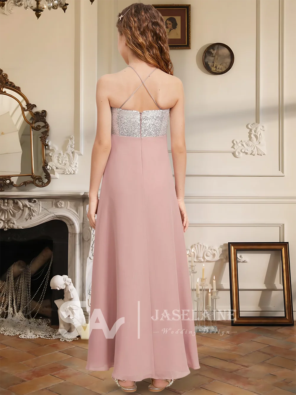 A Elegant A Line Halter Floor Length Chiffon Sequin Junior Bridesmaid Dress Flower Girl Dress Girls Party Wedding Formal Special