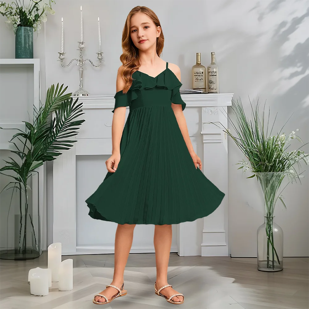 

A Kids Child Cold Shoulder Junior Bridesmaid Dress Blush Flower Girl Dress A-Line Chiffon Knee-Length Garden Gala Wedding Party