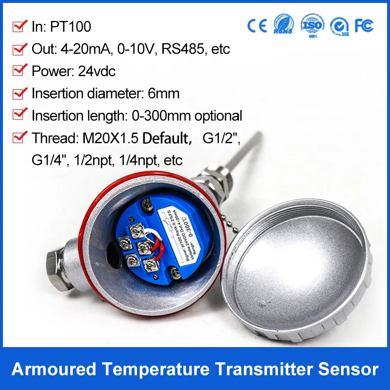 Pt100 PT1000 Temperature Transmitter 4-20mA k Type Temperature Transmitter 0-10V