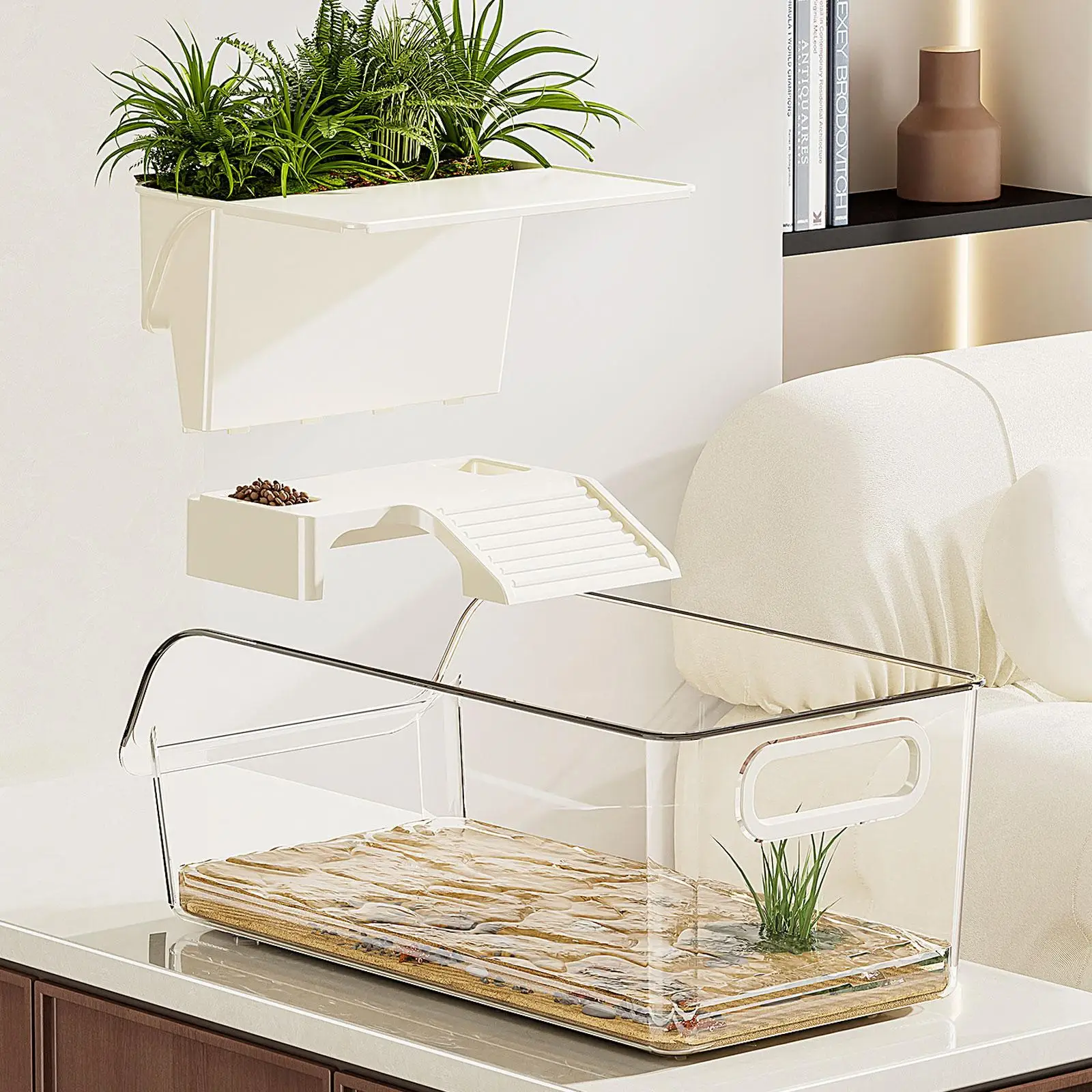Turtle Tank with Basking Ramp Reptile Habitat Pet Terrariums for Frog Hermit Crabs Amphibians Breeding Feeding Container view 2