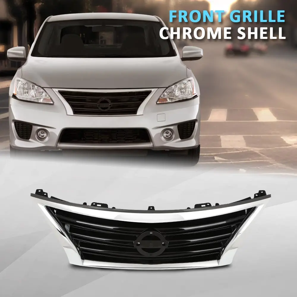 

New Grille Fit for 2013-2015 Nissan Sentra Chrome Shell W/ Black Insert Plastic Strong Durable Sturdy Car Exterior