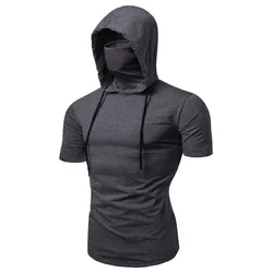 Men Gym Thin Hoodie Short Sleeve Hoodies With Mask Sweatshirt Casual Splice Large Open-Forked Mask Hoodie Sweatshirt Hooded Tops