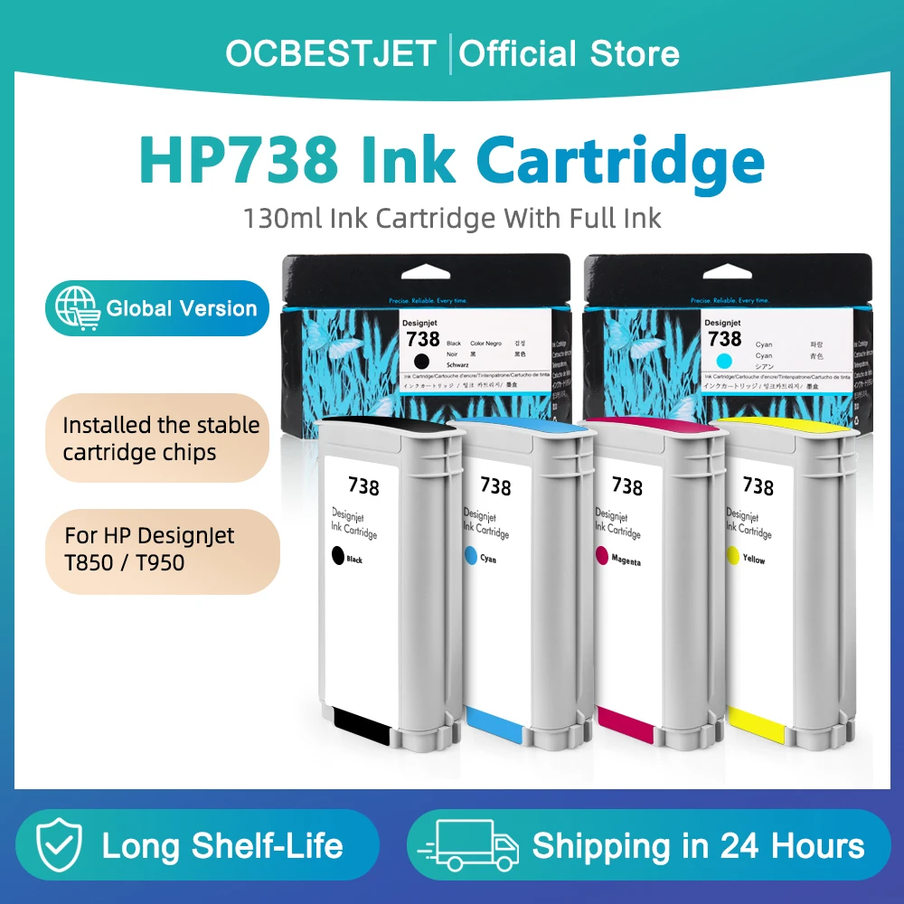 For HP 738 Ink Cartridge With Full Pigment Ink HP738 For HP Designjet T850 T950 Printer Ink Tank 130ML 498N4A 498N5A 498N6A