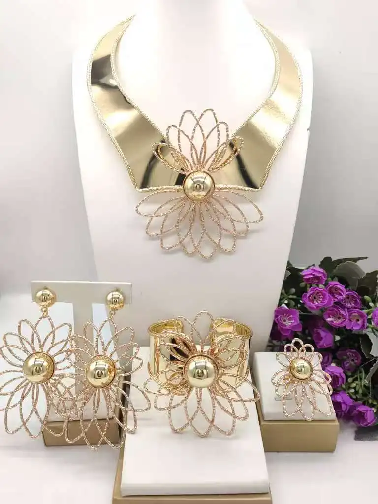

Trendy Flower Two Tone Shape Brazilian Jewelry set Luxury Charm llaveros Collar Pulseras pin Pendient tentacles Anillo 4PC Set