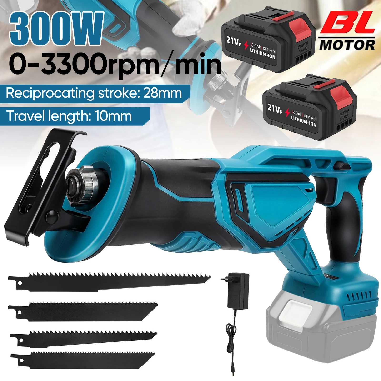 Sierra Recíproca Eléctrica Inalámbrica de 21V y 100mm con Velocidad Variable Continua para Cortar Metal y Madera, Compatible con Baterías Makita de 21V