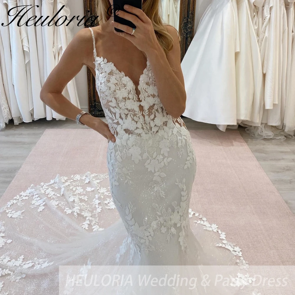 HEULORIA elegantes Meerjungfrau-Hochzeitskleid, Spaghettiträger, Spitzen-Brautkleid mit glitzerndem Glitzer-Tüll, Robe De Mariee-Hochzeitskleid